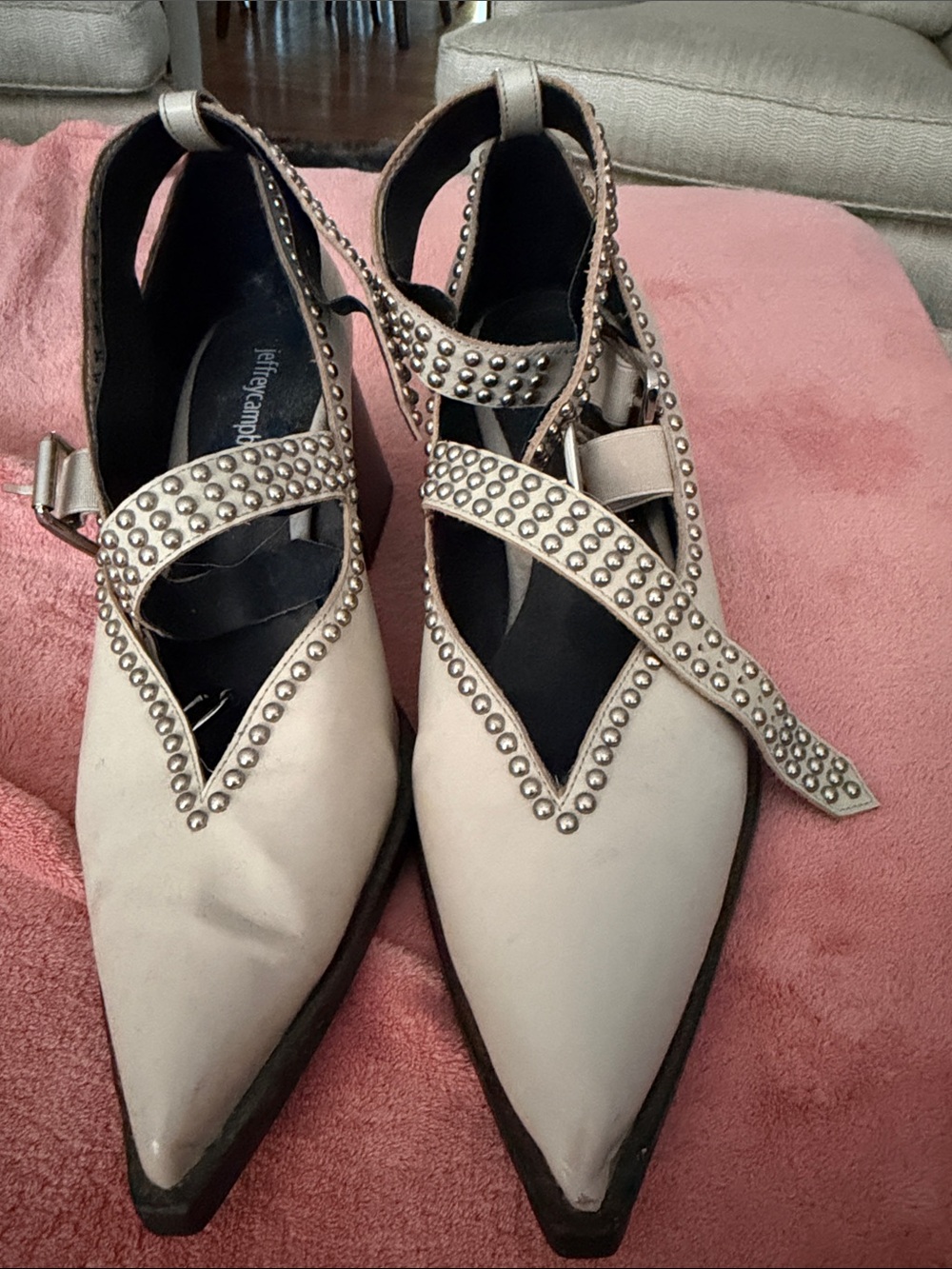 Jeffrey Campbell Cream Pointed Studded Cross-Strap Flats